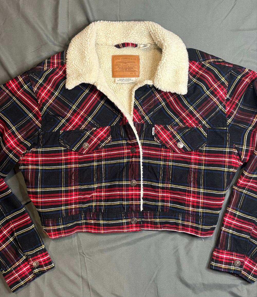 Levi’s White Label Corduroy Women’s Cropped Sherpa Plaid Trucker Jacket M NWOT